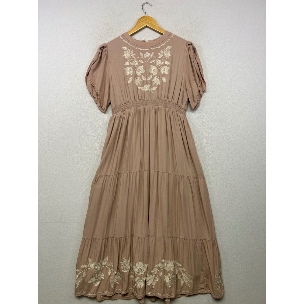 Boho Cottagecore Polagram Womens Large Dusty Rose Embroidered Maxi Dress Modest